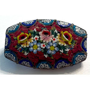 Vintage Micro Mosaic Handmade Floral Bouquet Gold Tone Oval Brooch Pin